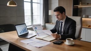 Professional developing a long-term financial plan in a modern workspace, representing financial discipline and consistent money management