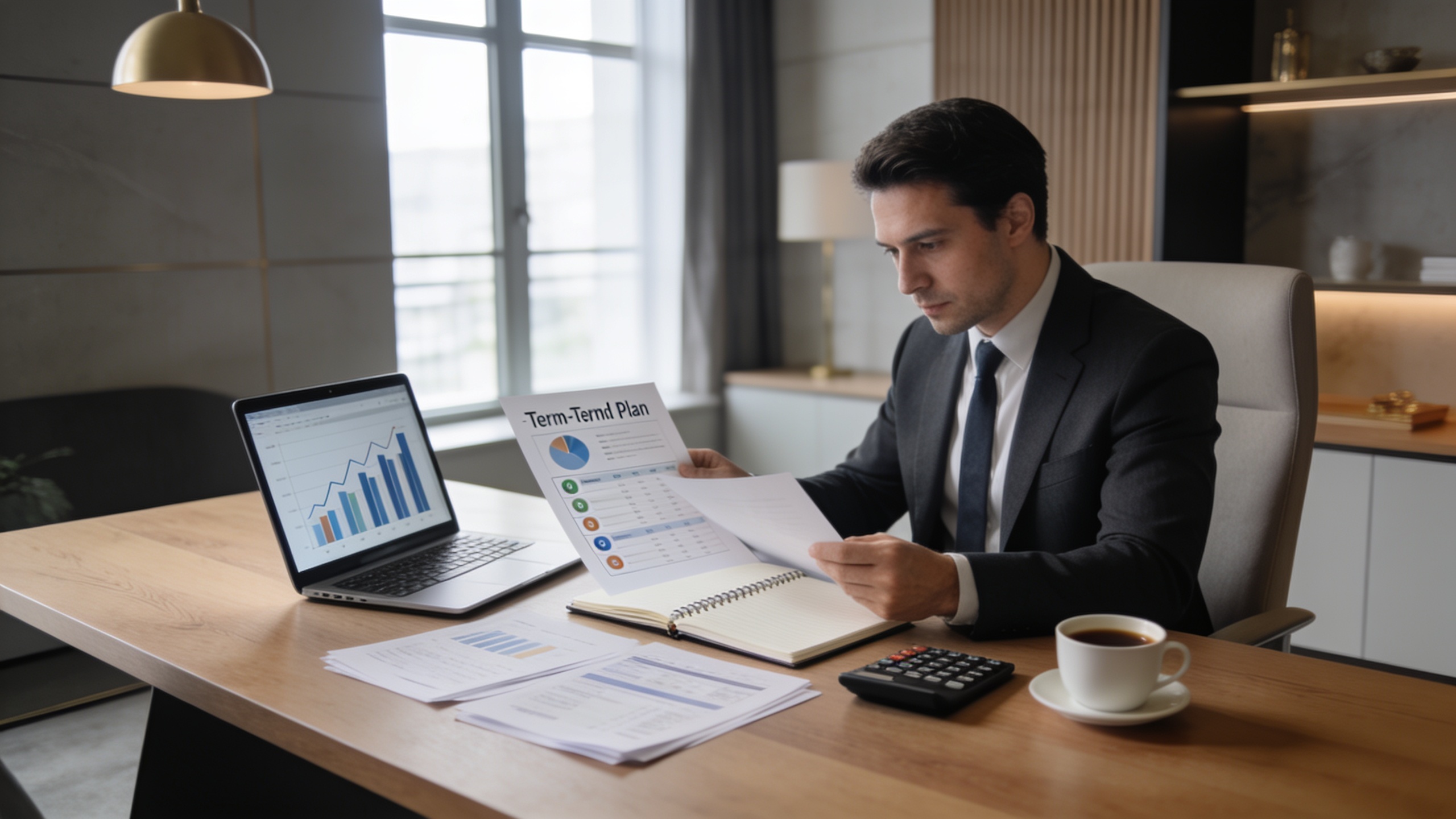 Professional developing a long-term financial plan in a modern workspace, representing financial discipline and consistent money management