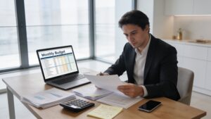 Professional organizing a monthly budget in a modern office, representing financial planning and responsible money management