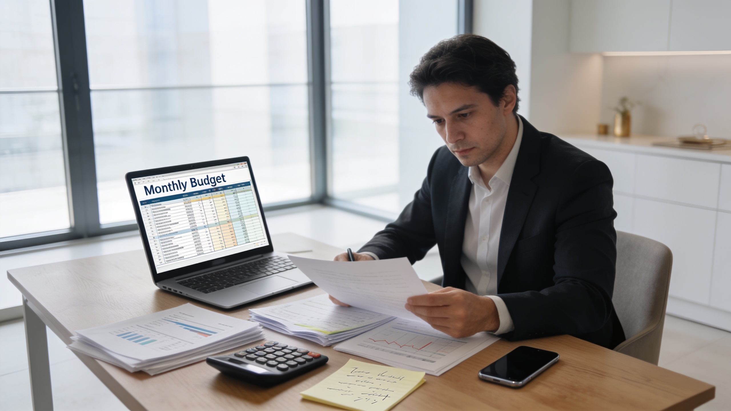 Professional organizing a monthly budget in a modern office, representing financial planning and responsible money management