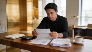 Professional reviewing a personal budget at a modern workspace, representing responsible spending and long-term financial planning