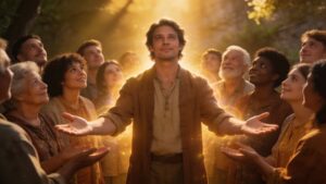 A confident leader inspiring a diverse community through wisdom, gratitude, humility, and responsible authority, symbolizing the message of Psalm 47 about joyful leadership and faithful stewardship.
