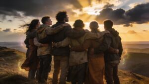 A united community standing together at sunrise after a storm, symbolizing collective resilience, shared identity, perseverance, hope, and faithful endurance inspired by Psalm 44.