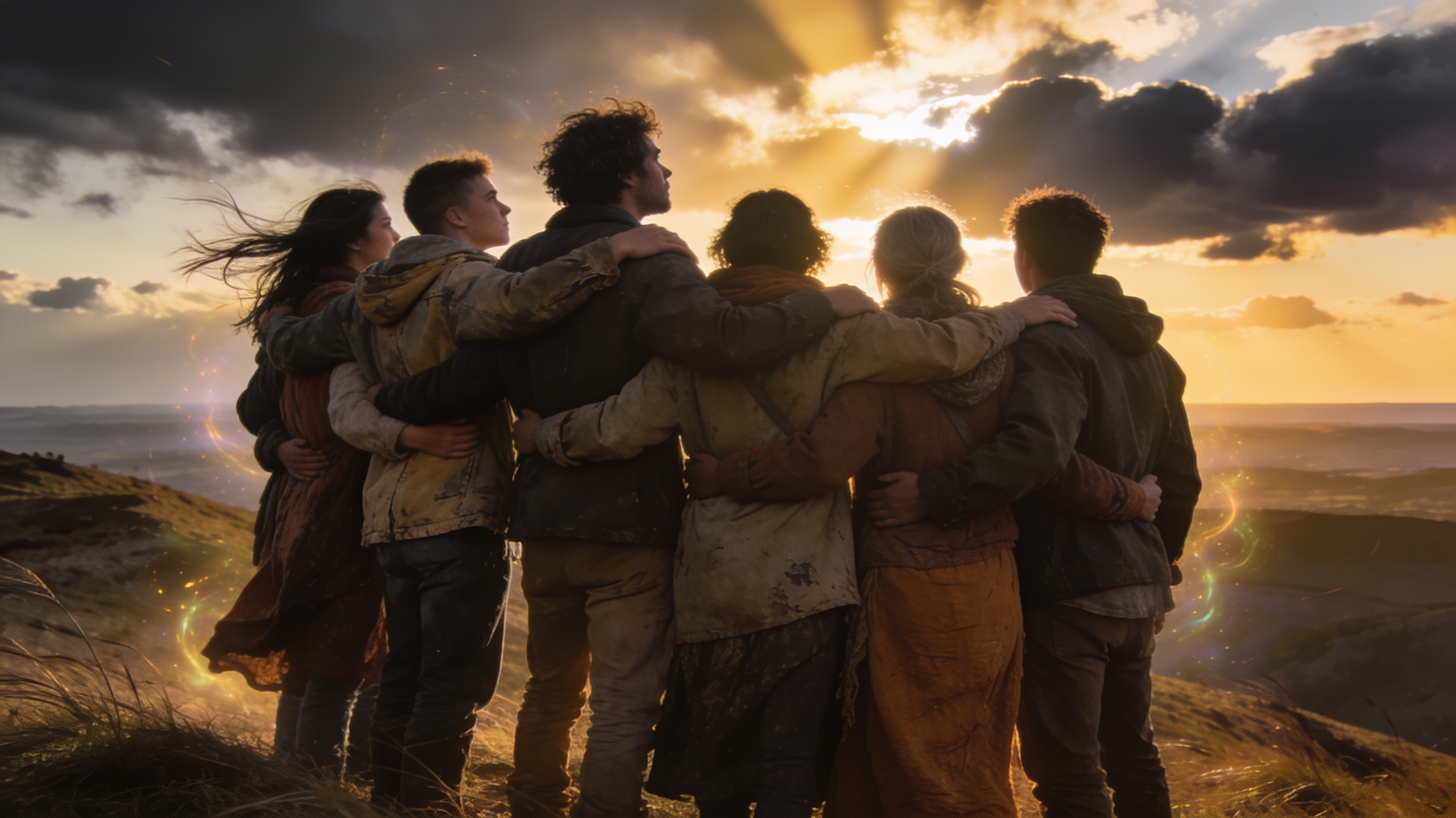 A united community standing together at sunrise after a storm, symbolizing collective resilience, shared identity, perseverance, hope, and faithful endurance inspired by Psalm 44.