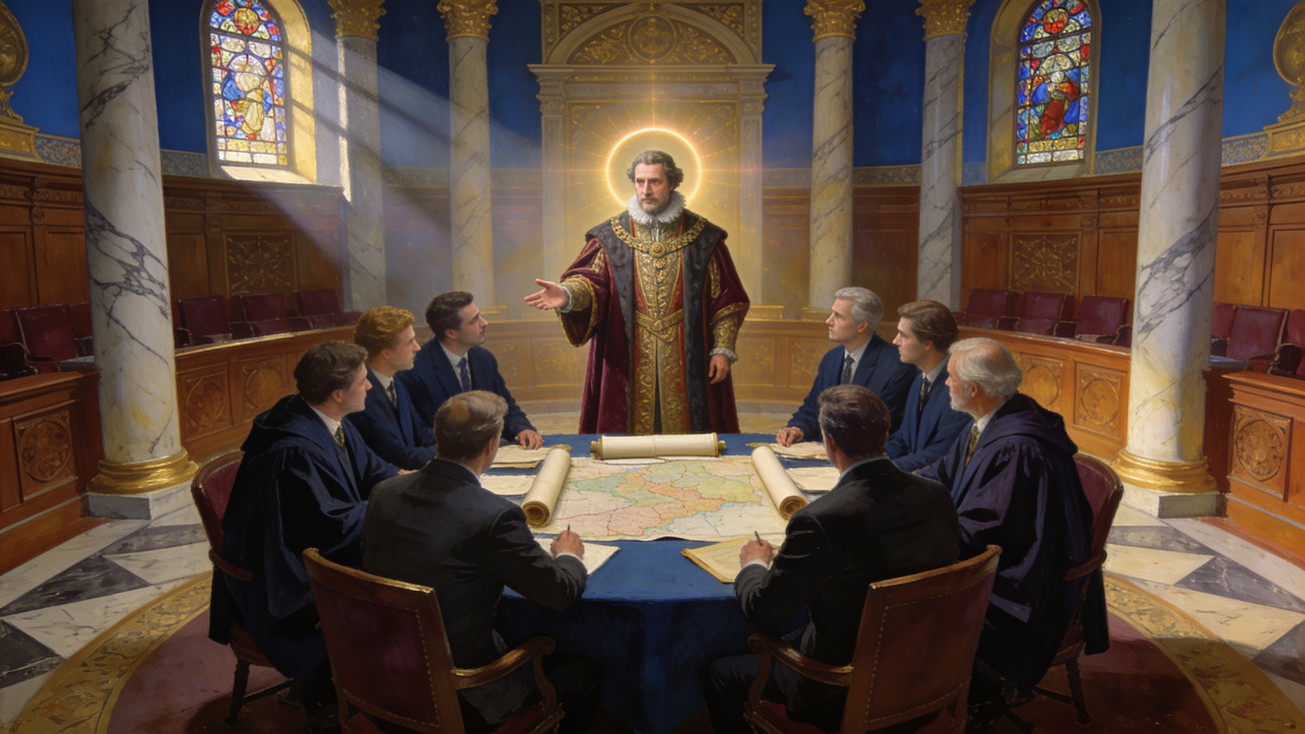Renaissance-style scene representing ethical leadership, teamwork, and professional authority