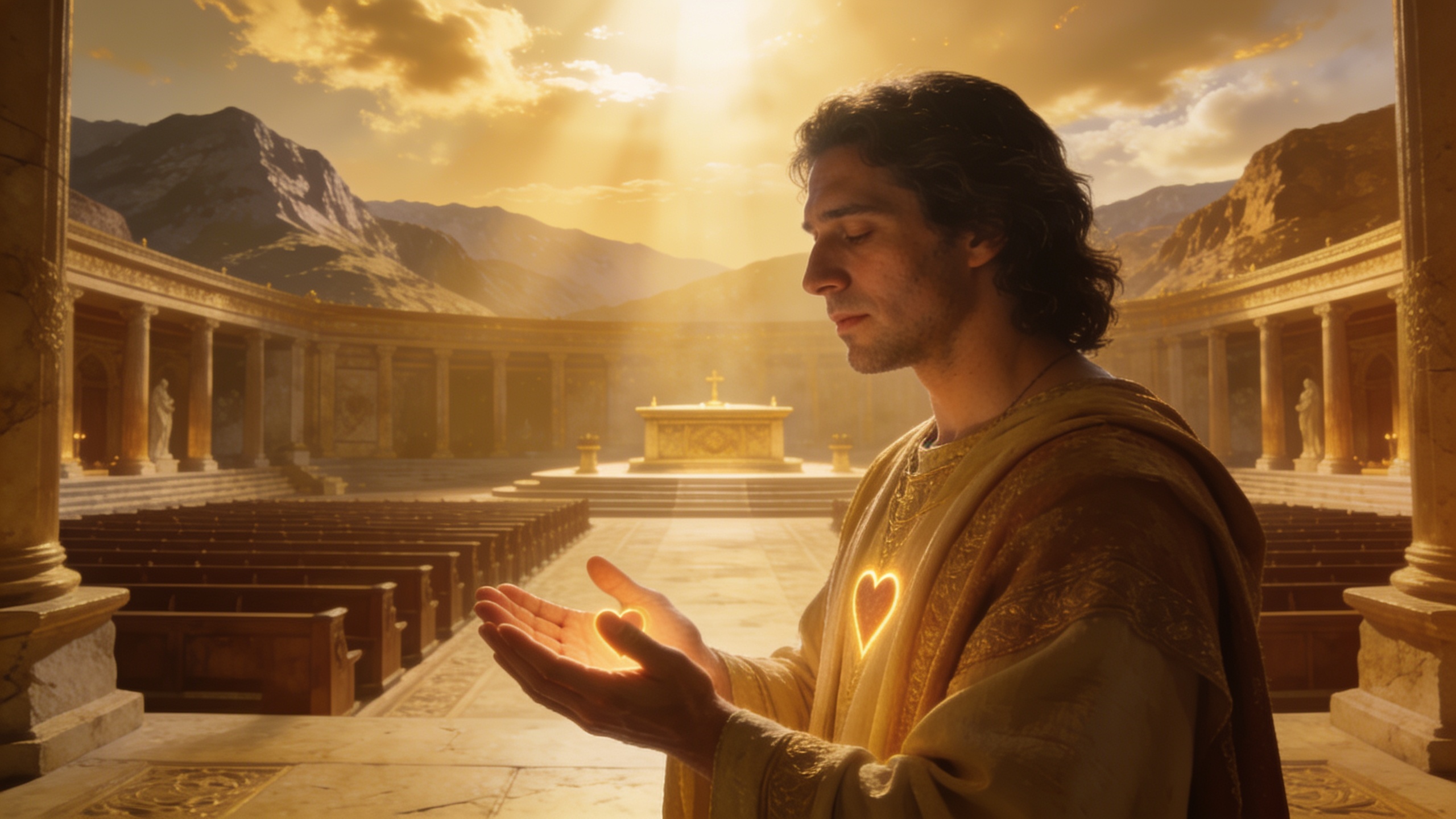 A humble believer standing before God with open hands in a heavenly courtroom, symbolizing Psalm 50's message that authentic worship, gratitude, and integrity matter more than empty ritual.
