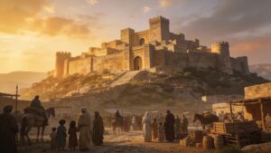 A majestic fortified city at sunrise symbolizing Zion, enduring spiritual foundations, faithful stewardship, and the lasting legacy described in Psalm 48.