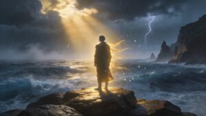 A person standing peacefully above a stormy sea as sunlight breaks through the clouds, symbolizing inner stability, courage, divine refuge, and unshakable peace inspired by Psalm 46.