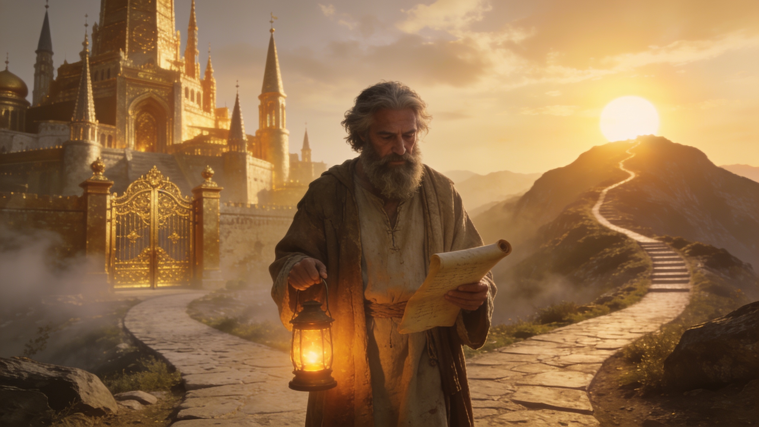 A wise traveler choosing the path of lasting wisdom over material wealth, symbolizing Psalm 49's teaching about true riches, eternal perspective, and the difference between wealth and worth.