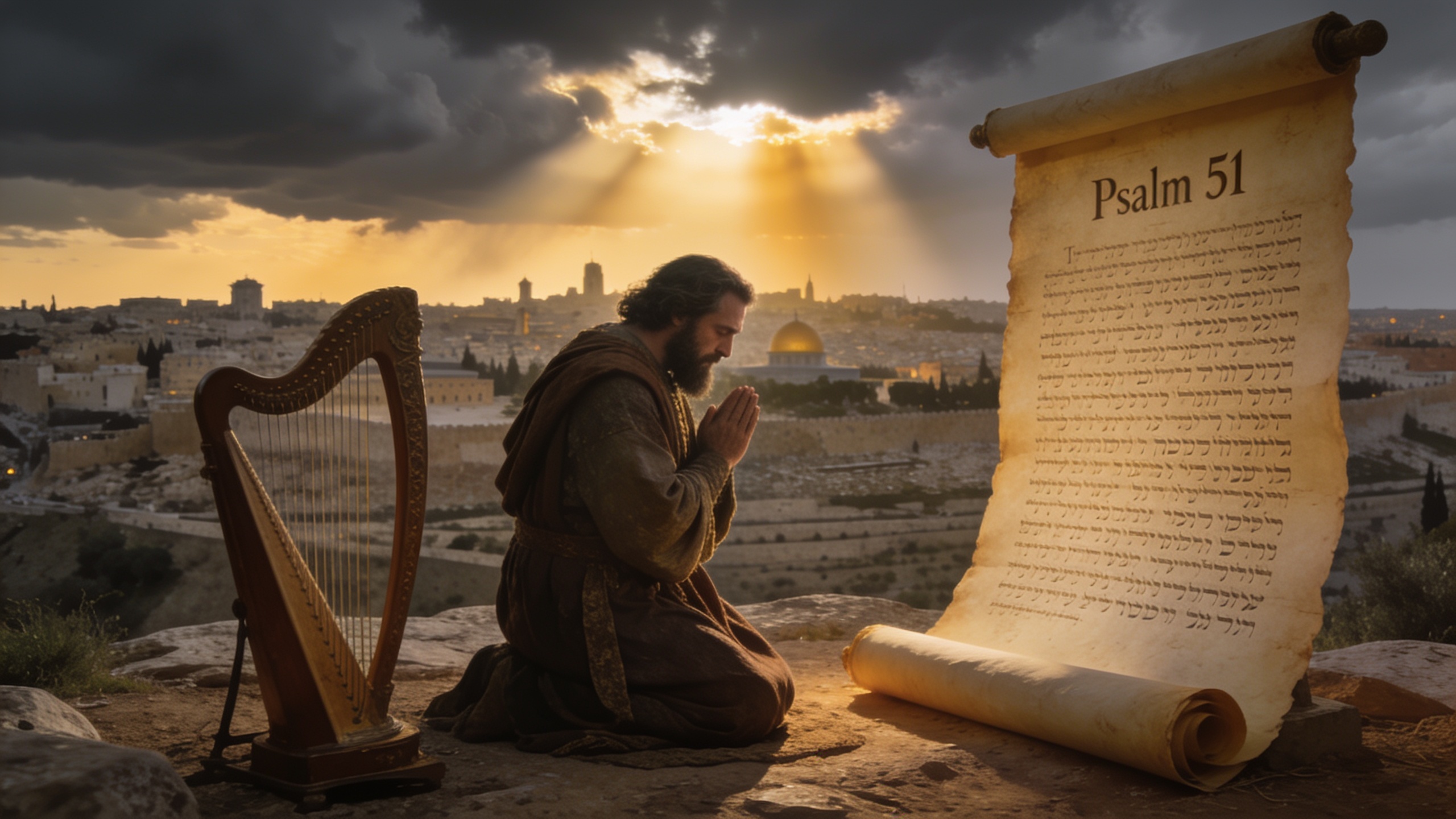 King David praying humbly at dawn, symbolizing Psalm 51's message of repentance, God's mercy, inner renewal, forgiveness, and the creation of a clean heart.